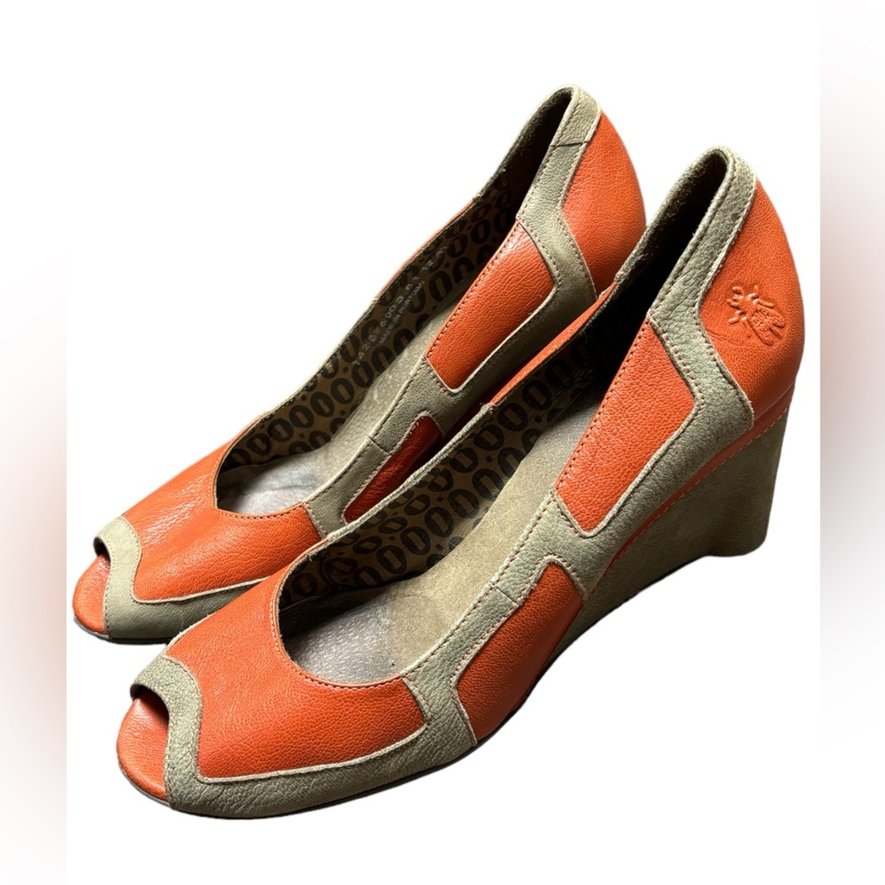 Size 41 Fly London Leather Colorblock Orange & Taupe Wedge Peep Toe Heels